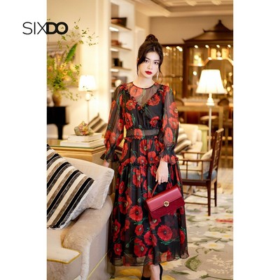 Đầm voan đen hoa poppy đỏ SIXDO (Black Poppy Puff-sleeves Midi Voile Dress)