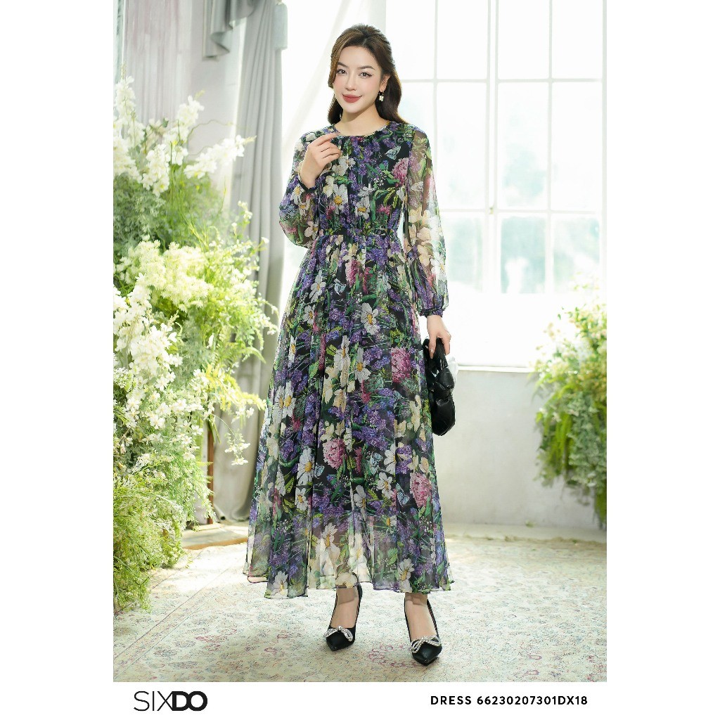 Đầm voan hoa dài tay SIXDO (Black Floral Bishop Sleeves Maxi Voile Dress)