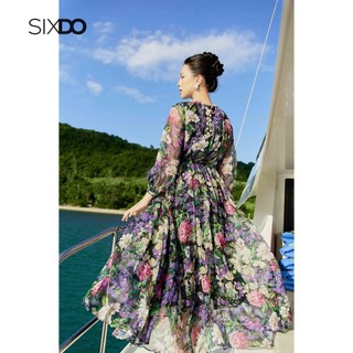 Đầm voan hoa dài tay SIXDO (Black Floral Bishop Sleeves Maxi Voile Dress)
