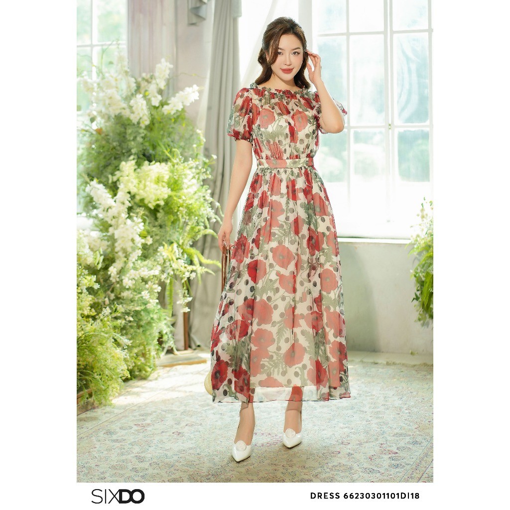Đầm voan midi hoa poppy SIXDO (Cream Poppy Midi Voile Dress)