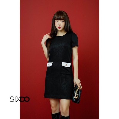 Đầm woven chữ A ngắn tay SIXDO (Black Round Neck Mini Woven Dress)