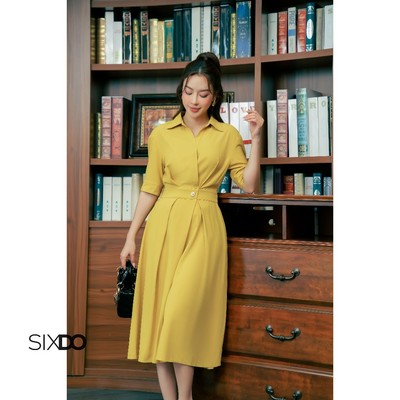 Đầm vàng xòe đính cúc eo SIXDO (Dark Yellow Megashi Flared Dress)