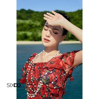 Đầm maxi voan hoa cổ vuông SIXDO (Black Floral Square Neck Midi Voile Dress)