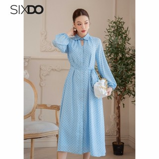 Đầm sơ mi chiffon dài tay SIXDO (Blue Polka Dot Midi Chiffon Dress)