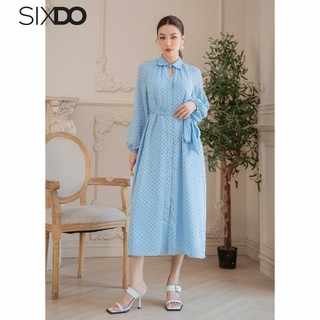 Đầm sơ mi chiffon dài tay SIXDO (Blue Polka Dot Midi Chiffon Dress)
