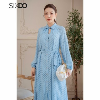 Đầm sơ mi chiffon dài tay SIXDO (Blue Polka Dot Midi Chiffon Dress)