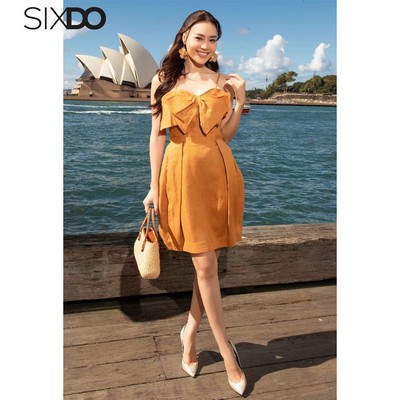 Đầm linen vàng hai dây nơ ngực SIXDO (Dark Yellow Strappy Mini Linen Dress)
