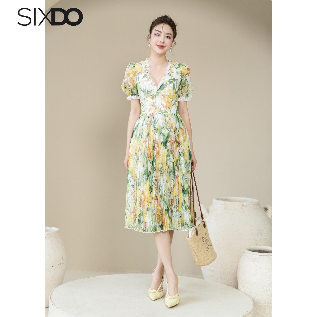 Đầm voan hoa cổ V SIXDO (White Floral Voile Midi Dress)