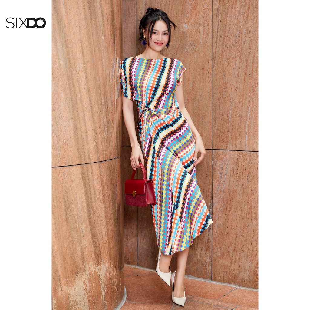 Đầm lụa nhún eo họa tiết chấm bi SIXDO (Multicolor Polka Dot Midi Silk Dress)