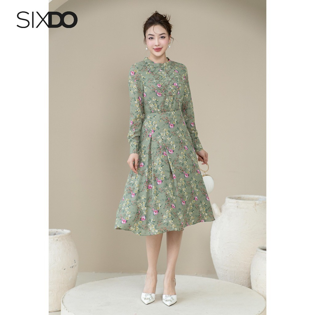 Đầm midi hoa chiffon dài tay SIXDO (Floral Chiffon Midi Dress)