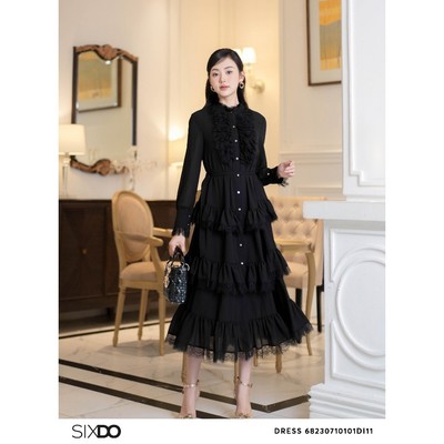 Đầm đen chiffon phối ren xếp tầng SIXDO (Black Midi Chiffon Dress)