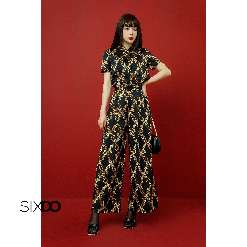 Quần lụa đen hoa tiết Baroque SIXDO (Black Baroque Print Wide Leg Silk Pants)