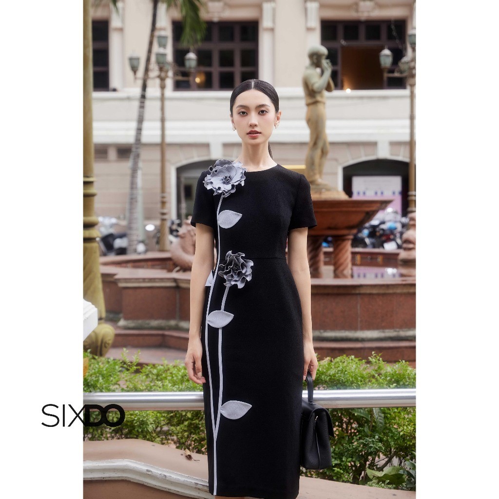 Đầm đen ôm hoa 3D thủ công SIXDO (Black 3D Flower Woven Pencil Dress)
