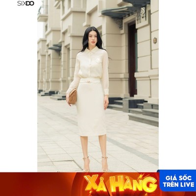 Chân váy bút chì đai liền SIXDO (Cream Straight Woven Midi Skirt)