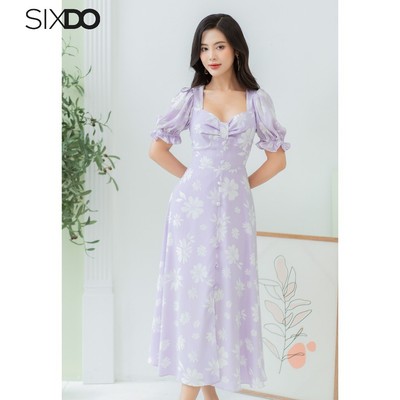 Đầm lụa midi ngắn tay cổ vuông SIXDO (Floral Midi Silk Dress)