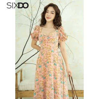 Đầm lụa midi ngắn tay cổ vuông SIXDO (Floral Midi Silk Dress)