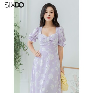 Đầm lụa midi ngắn tay cổ vuông SIXDO (Floral Midi Silk Dress)