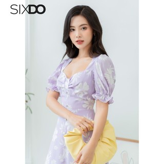 Đầm lụa midi ngắn tay cổ vuông SIXDO (Floral Midi Silk Dress)