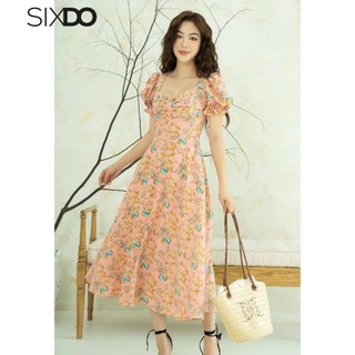 Đầm lụa midi ngắn tay cổ vuông SIXDO (Floral Midi Silk Dress)