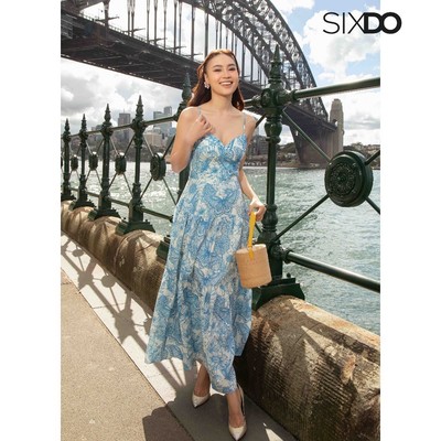 Đầm linen hai dây in hoa SIXDO (White Floral Strappy Midi Linen Dress)