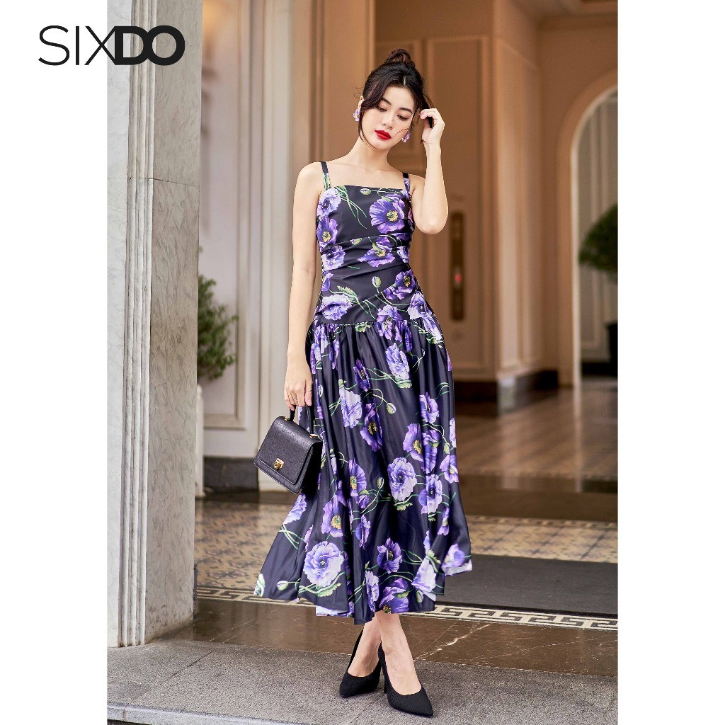 Đầm lụa midi dai dây hoa poppy SIXDO (Black Poppy Midi Silk Dress)