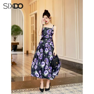 Đầm lụa midi dai dây hoa poppy SIXDO (Black Poppy Midi Silk Dress)