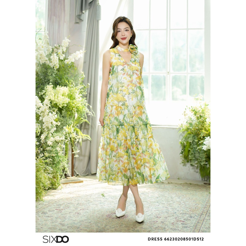 Đầm maxi tơ phối hoa cổ SIXDO (White Floral Sleeveless Midi Dress)