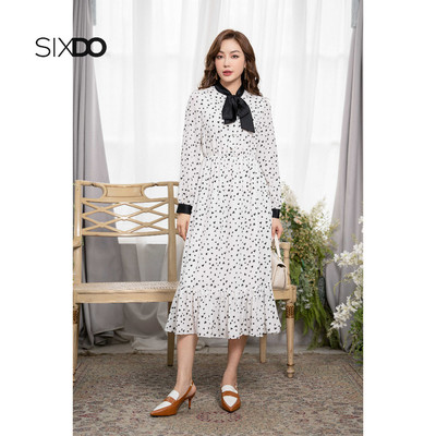 Đầm midi trắng phối nơ cổ SIXDO (White Midi Chiffon Dress With Bowtie)