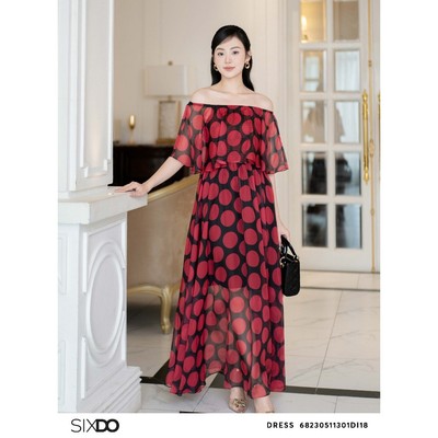 Đầm voan chấm bi trễ vai SIXDO (Black Polka Dots Midi Voile Dress)