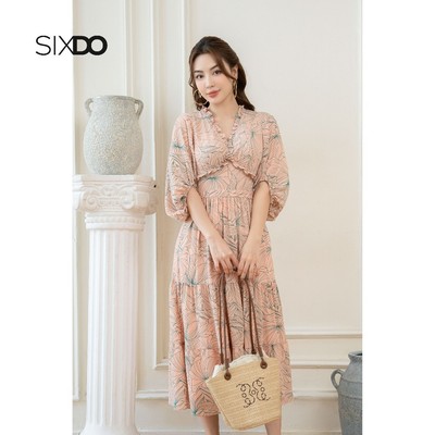 Đầm midi chiffon cổ V phối bèo SIXDO (Floral Midi Chiffon Dress 1)
