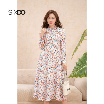 Đầm midi hoa cut out ngực phối nơ cổ SIXDO (Floral Midi Silk Dress)