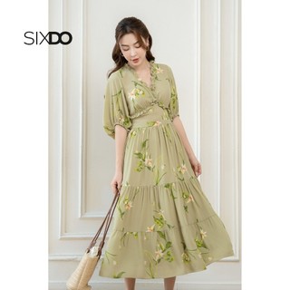 Đầm midi chiffon cổ V phối bèo SIXDO (Floral Midi Chiffon Dress 1)