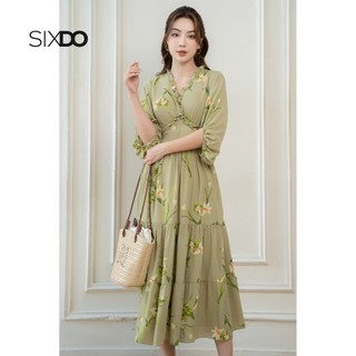 Đầm midi chiffon cổ V phối bèo SIXDO (Floral Midi Chiffon Dress 1)