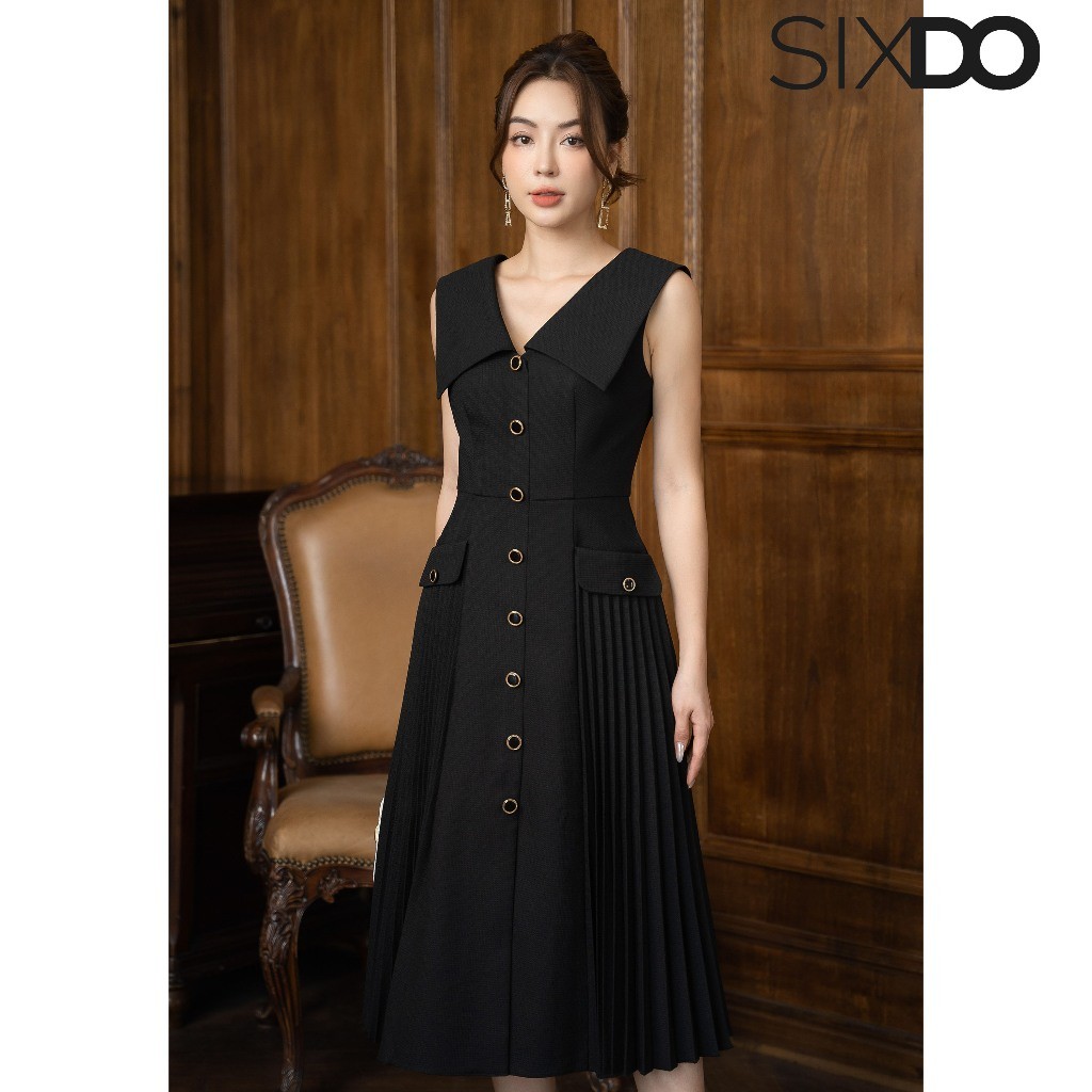 Đầm thô sát nách cổ V xếp li SIXDO (Black Chelsea Collar Midi Raw Dress)
