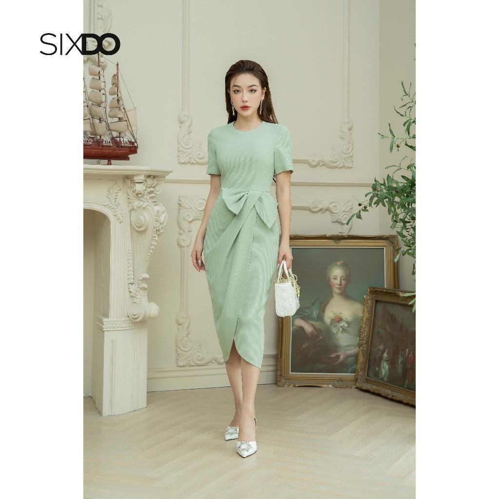 Đầm midi thô cộc tay phối nơ eo SIXDO (Green Nuggets Midi Raw Dress 1)