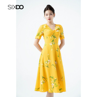Đầm midi voan hòa vàng dáng xòe cổ V tạo kiểu thời trang SIXDO (Yellow Lily Midi Dress)