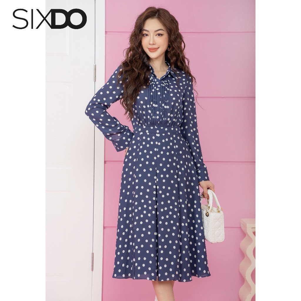 Đầm sơ mi chấm bi chiffon SIXDO (Polka Dots Midi Chiffon Dress)