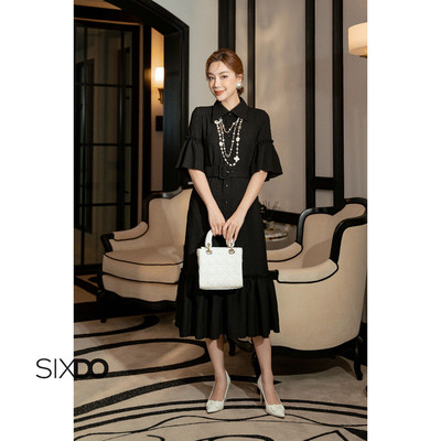 Đầm sơ mi tay bèo kèm thắt lưng thời trang SIXDO (Black Flute Sleeves Midi Woven Dress)