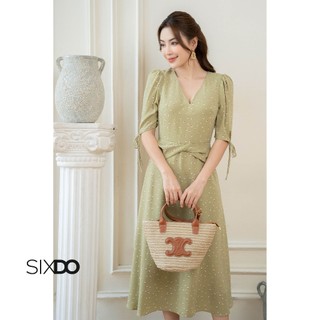 Đầm lụa midi ngắn tay cổ V SIXDO (Light Green Nuggets Midi Silk Dress)