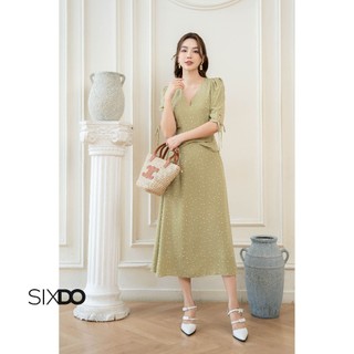 Đầm lụa midi ngắn tay cổ V SIXDO (Light Green Nuggets Midi Silk Dress)