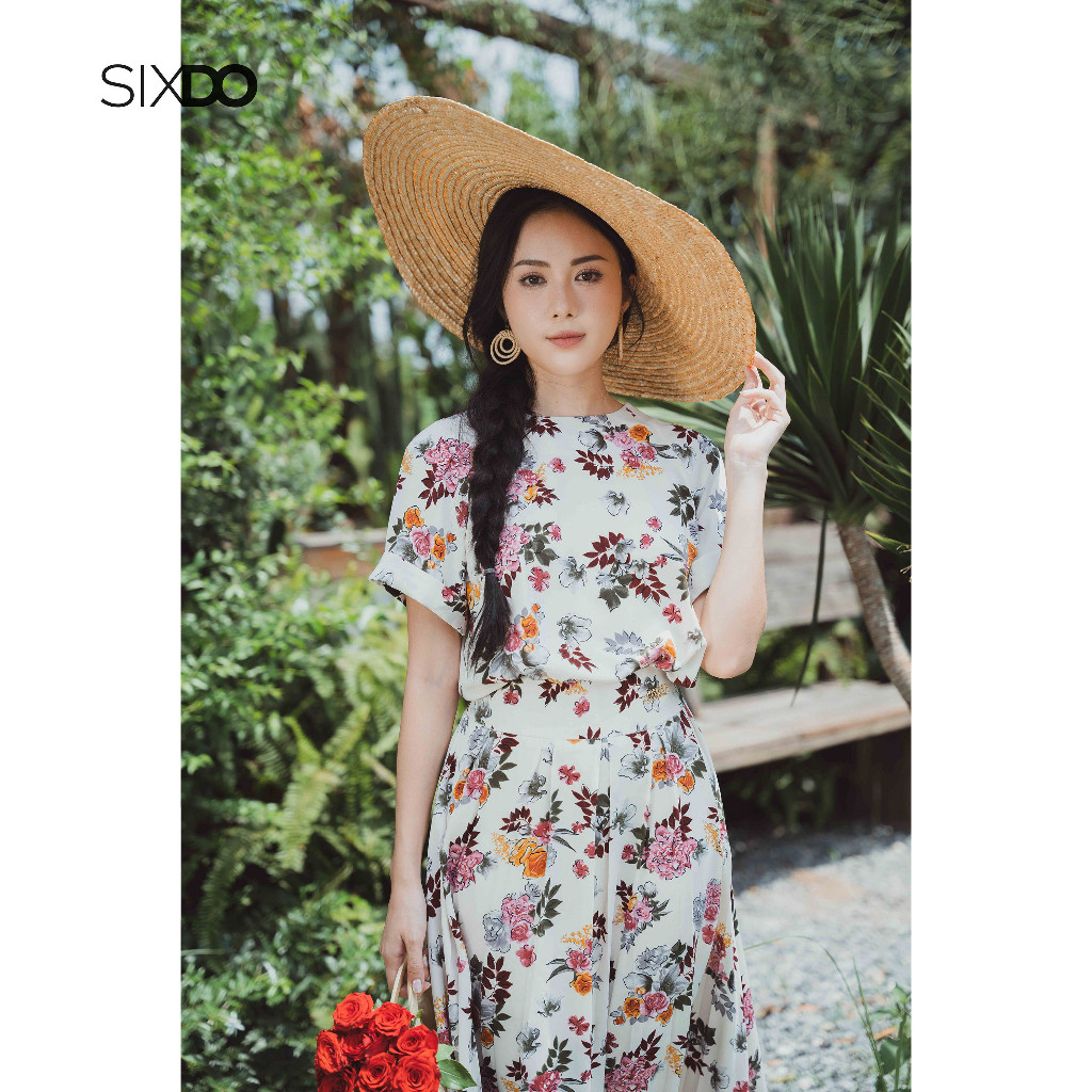 Áo lụa hoa cổ tròn trẻ trung SIXDO (Cream Floral Silk Top )