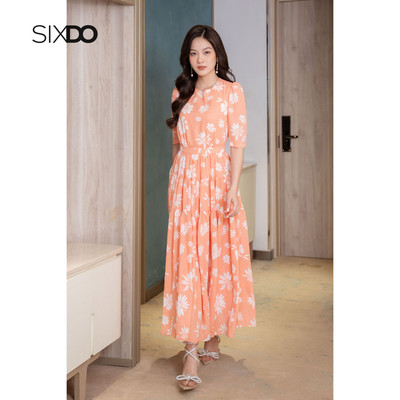 Đầm voan hoa tay lửng cổ tròn dáng xòe thời trang SIXDO (Salmon Floral Midi Voile Dress)