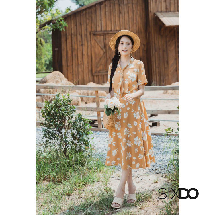 Chân váy hoa lụa chữ A thời trang SIXDO (Light Brown Floral Midi Silk Skirt)