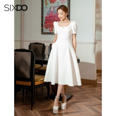 Đầm midi woven cổ vuông dáng xòe ngắn tay SIXDO (White U-neckline Midi Woven Dress)