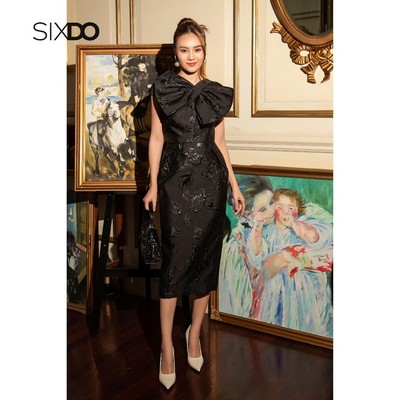 Đầm gấm cổ nơ tạo kiểu dáng bút chì SIXDO (Black Bowtie Midi Brocade Dress)