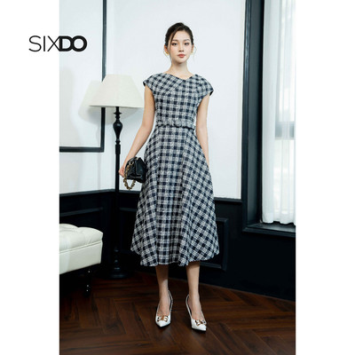 Đầm midi tay hến dáng xòe SIXDO (Black Check Midi Raw Dress)