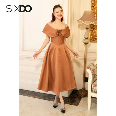 Đầm trễ vai dáng xòe phối hoa ngực thời trang SIXDO (Brown Midi Taffeta Dress)