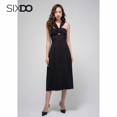 Đầm nhún ngực phối cúc thời trang SIXDO (Halter Neck Midi Silk Dress)