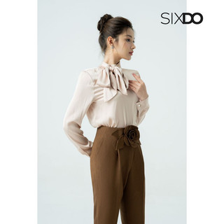 Áo sơ mi lụa thắt nơ thời trang SIXDO (Beige High Neck Silk Top)
