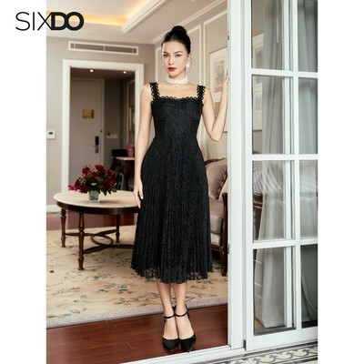 Đầm ren đen 2 dây xếp ly SIXDO (Black Pleated Midi Lace Dress)